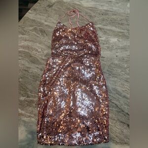CBR Rose Gold Sequin Halter Bodycon Mini Dress Size M Party Prom